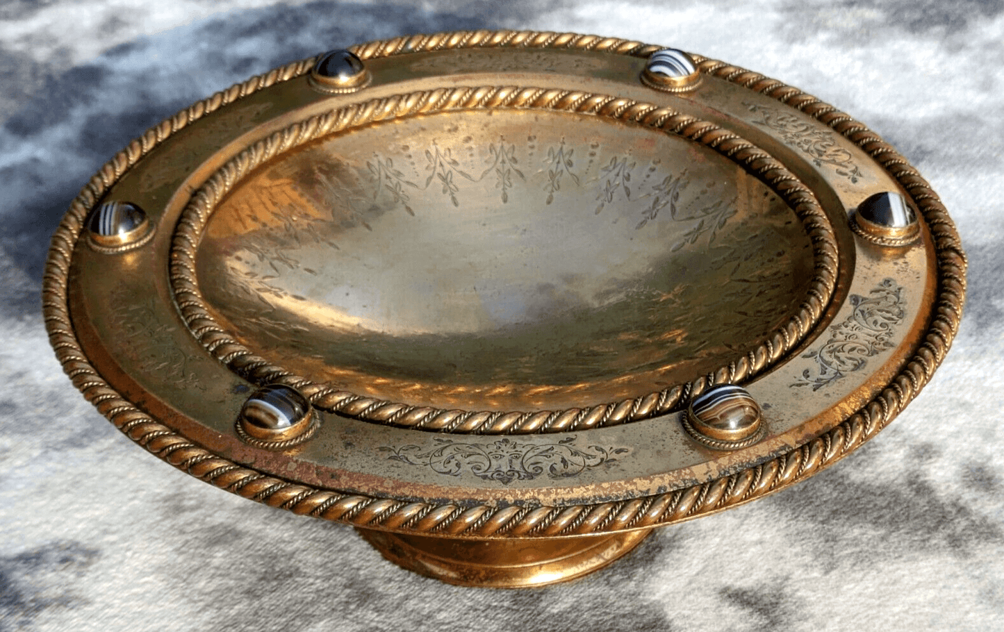 Antique 19th Century Scottish Arts Crafts Agate Cabochon Gilt Bronze Tazza Bowl - Tommy's Treasure