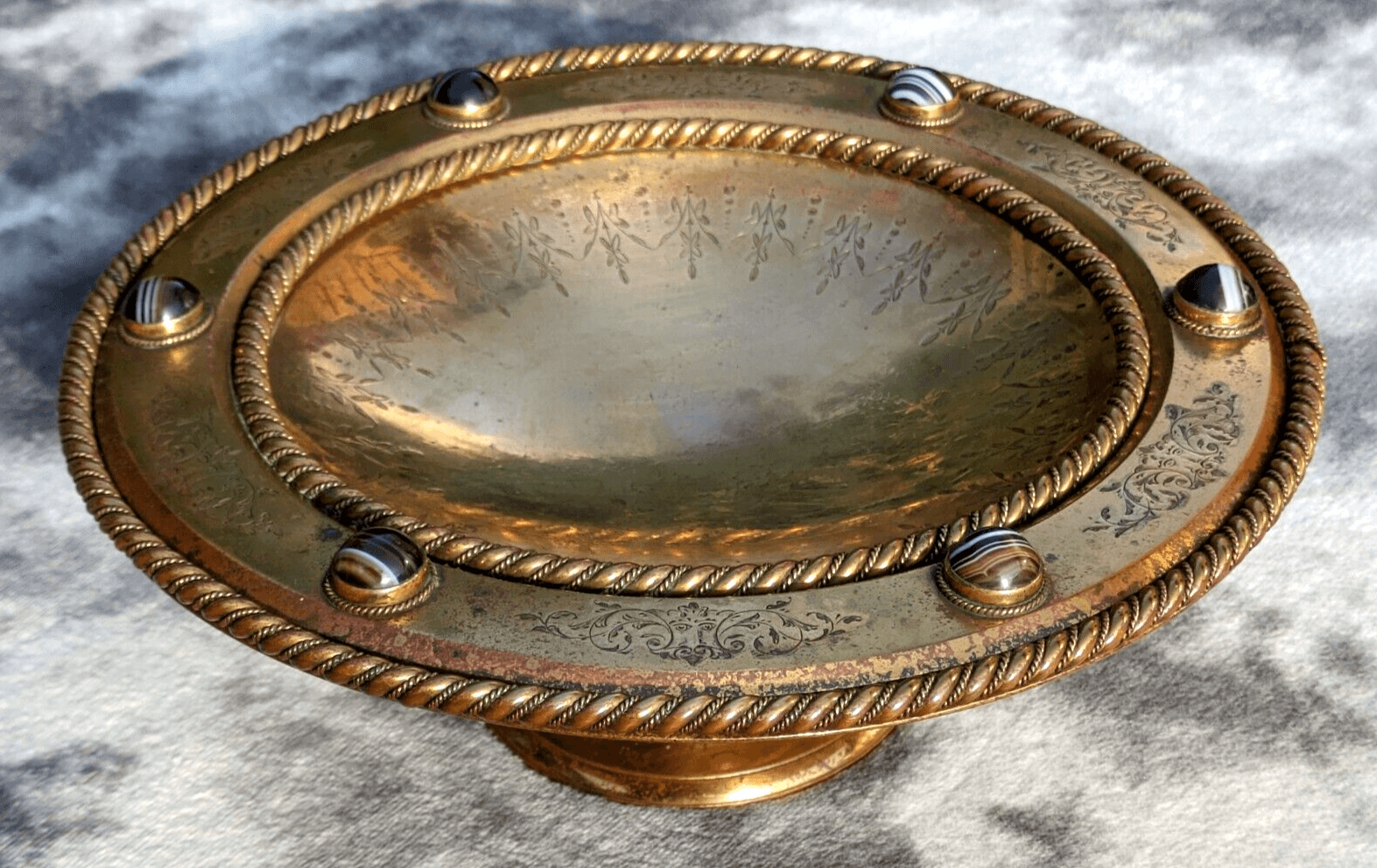Antique 19th Century Scottish Arts Crafts Agate Cabochon Gilt Bronze Tazza Bowl - Tommy's Treasure