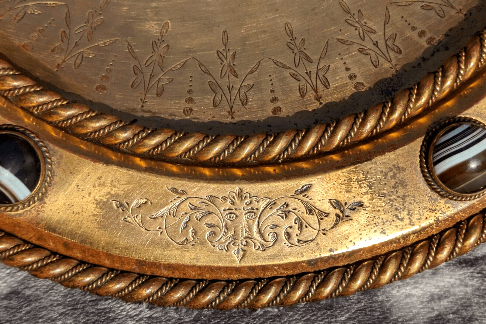 Antique 19th Century Scottish Arts Crafts Agate Cabochon Gilt Bronze Tazza Bowl - Tommy's Treasure