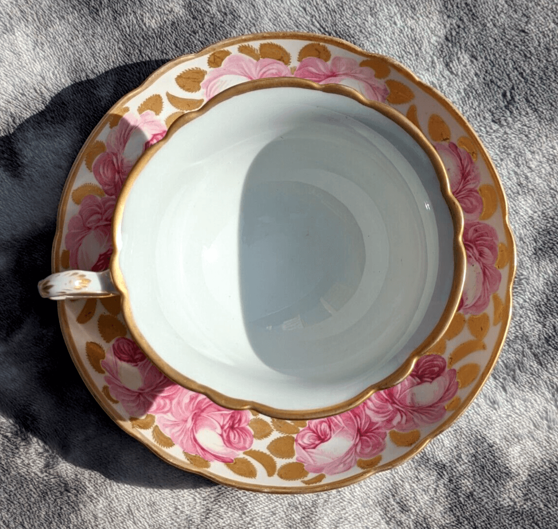 19th Century Paris Porcelain Antique Cup & Saucer Painted Gilt Billingsley Rose - Tommy's Treasure