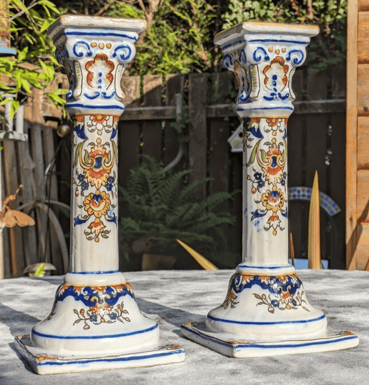 19th Century Pair of French Desvres Rouen Faience Antique Pottery Candlestick Holders - Tommy's Treasure
