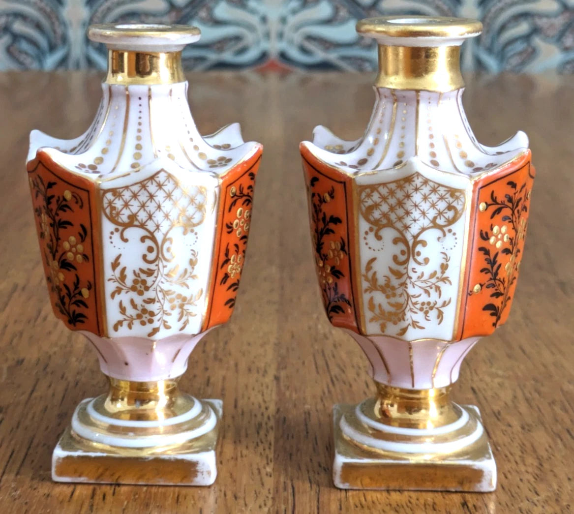 Small Pair French 19th Century Porcelain Bud Vases Scent Perfume Bottles Antique