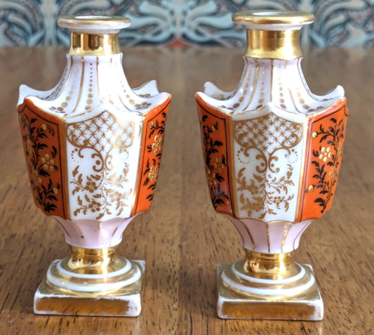 Small Pair French 19th Century Porcelain Bud Vases Scent Perfume Bottles Antique