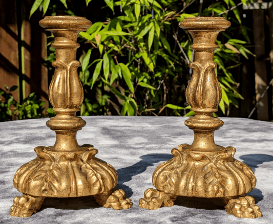19th Century Pair French Carved Gilt Wood Claw Feet Antique Candlestick Holders - Tommy's Treasure