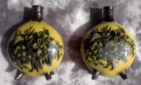 Antique Victorian Pair of Ceramic Iris Moon Flask Pottery Vases - Tommy's Treasure