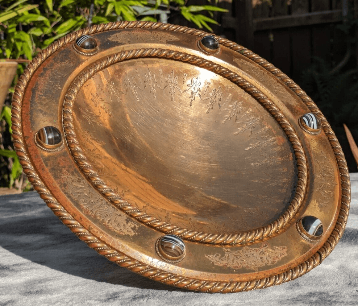 Antique 19th Century Scottish Arts Crafts Agate Cabochon Gilt Bronze Tazza Bowl - Tommy's Treasure