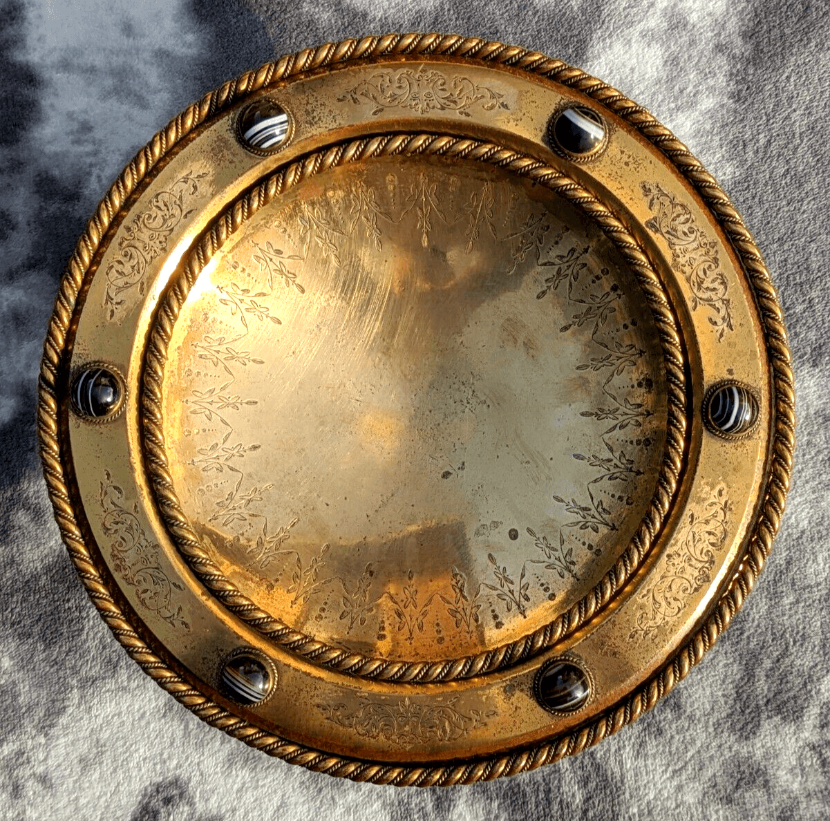 Antique 19th Century Scottish Arts Crafts Agate Cabochon Gilt Bronze Tazza Bowl - Tommy's Treasure