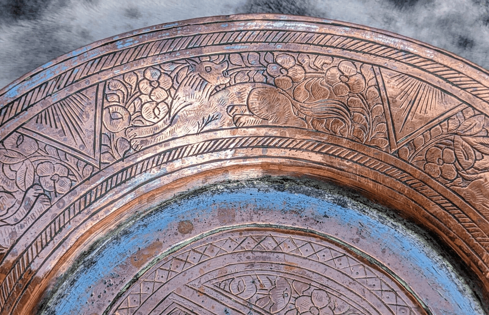 Antique Islamic Ottoman Tinned Copper Dish Engraved Calligraphy Script Animals - Tommy's Treasure