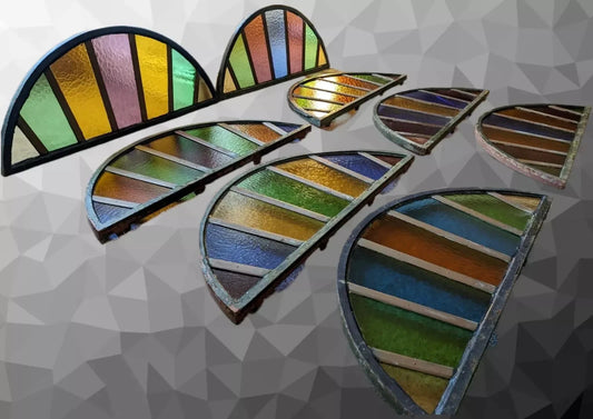 5x 19th Century Stained Glass Demi Lune Cast Iron Window Arch Panels