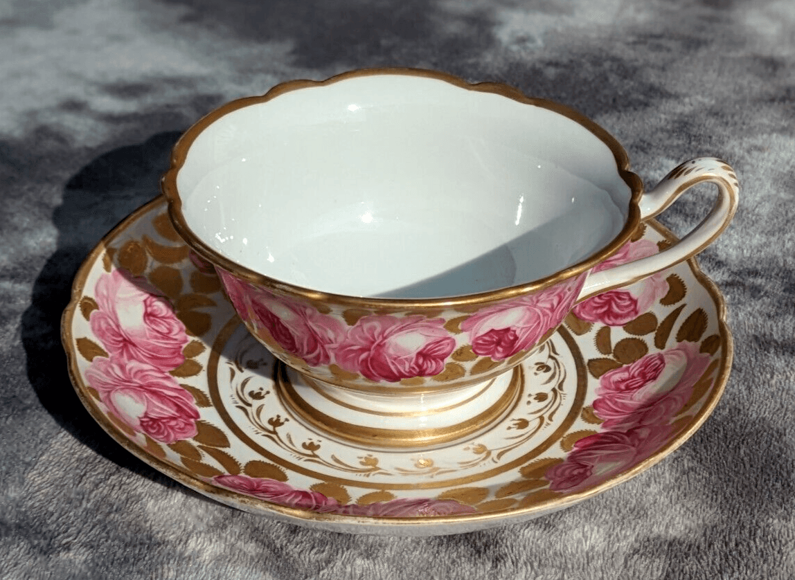 19th Century Paris Porcelain Antique Cup & Saucer Painted Gilt Billingsley Rose - Tommy's Treasure