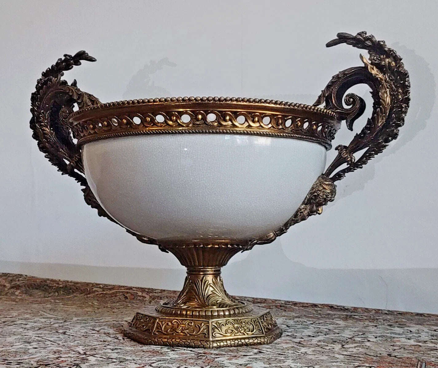 French Louis XVI Antique Style Ceramic Brass Centrepiece Compote Bowl Urn