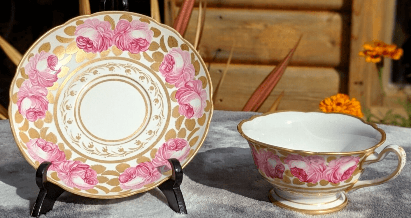 19th Century Paris Porcelain Antique Cup & Saucer Painted Gilt Billingsley Rose - Tommy's Treasure
