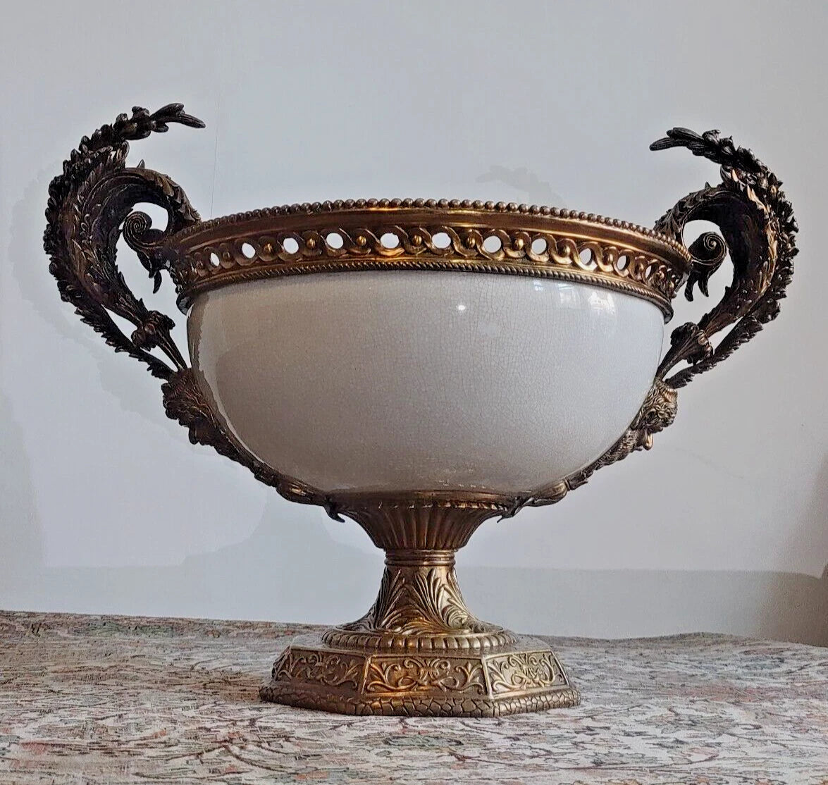 French Louis XVI Antique Style Ceramic Brass Centrepiece Compote Bowl Urn