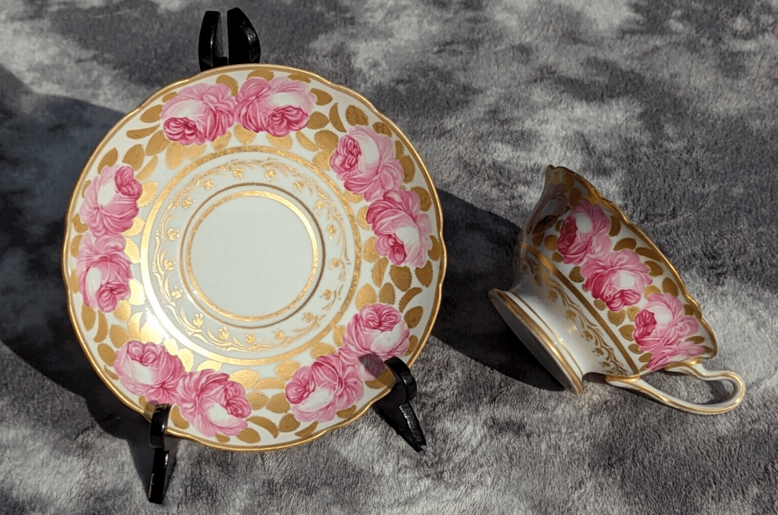 19th Century Paris Porcelain Antique Cup & Saucer Painted Gilt Billingsley Rose - Tommy's Treasure