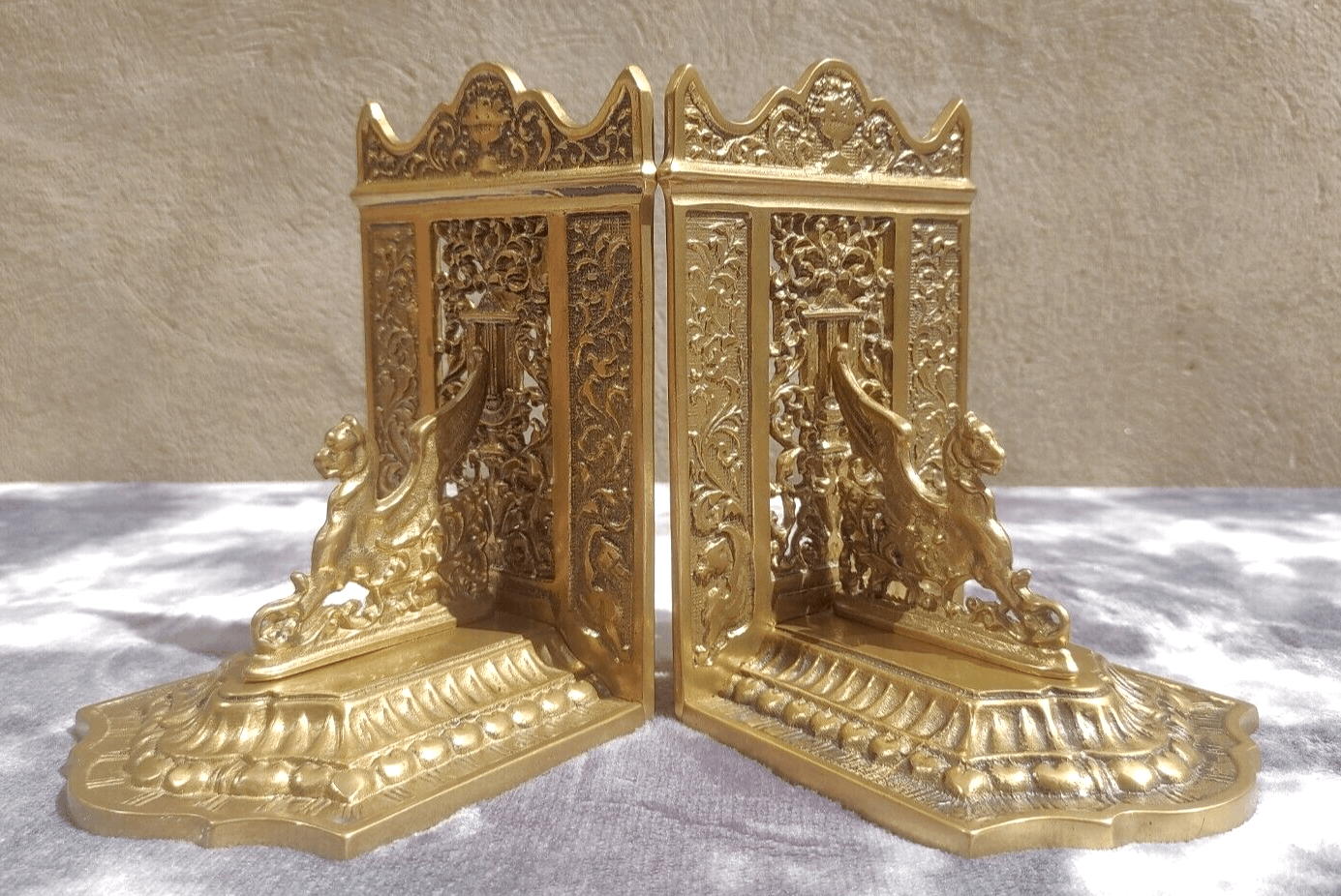 Antique 1920s French Pierced Brass Mythological Gothic Winged Griffin Bookends - Tommy's Treasure