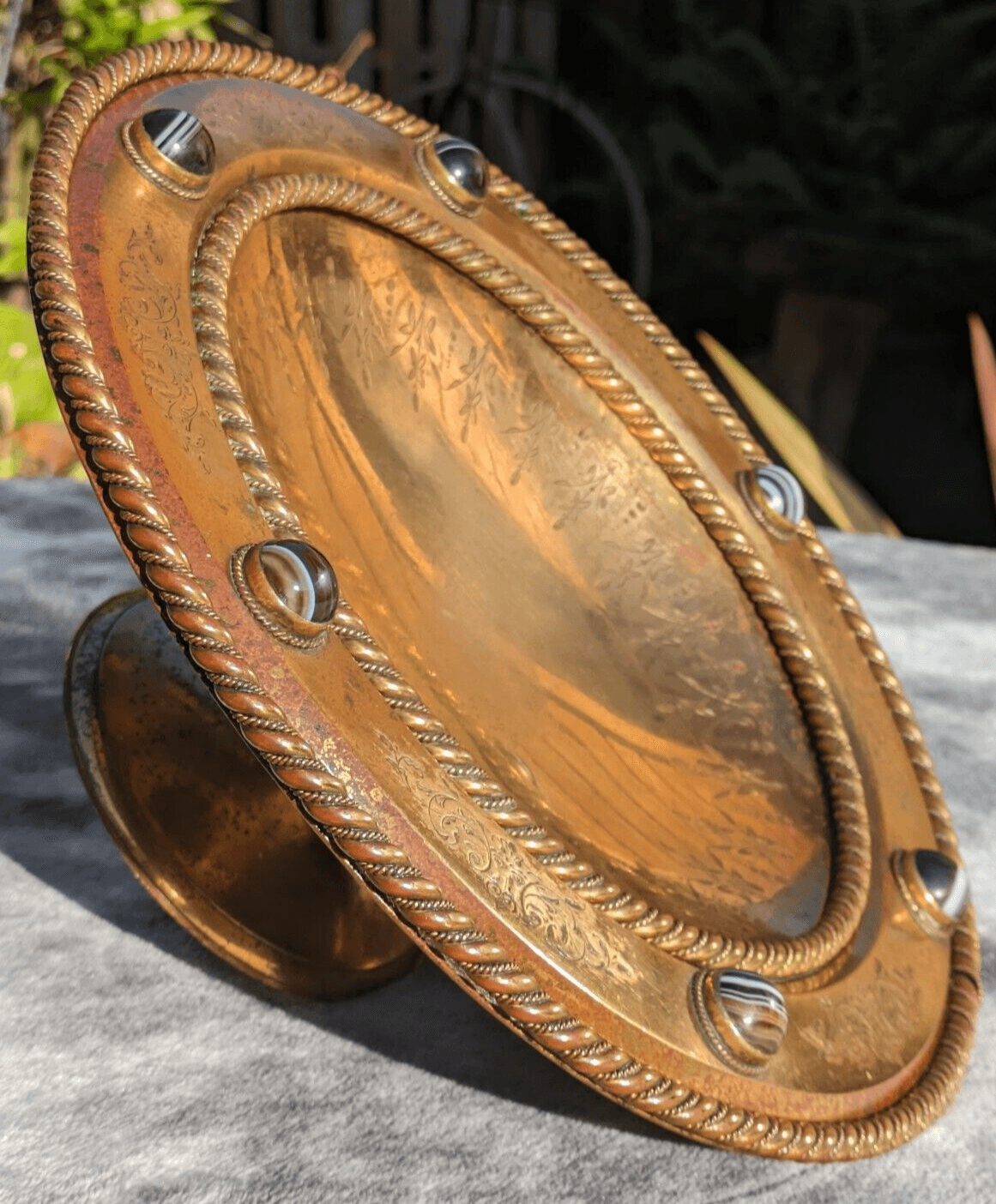 Antique 19th Century Scottish Arts Crafts Agate Cabochon Gilt Bronze Tazza Bowl - Tommy's Treasure