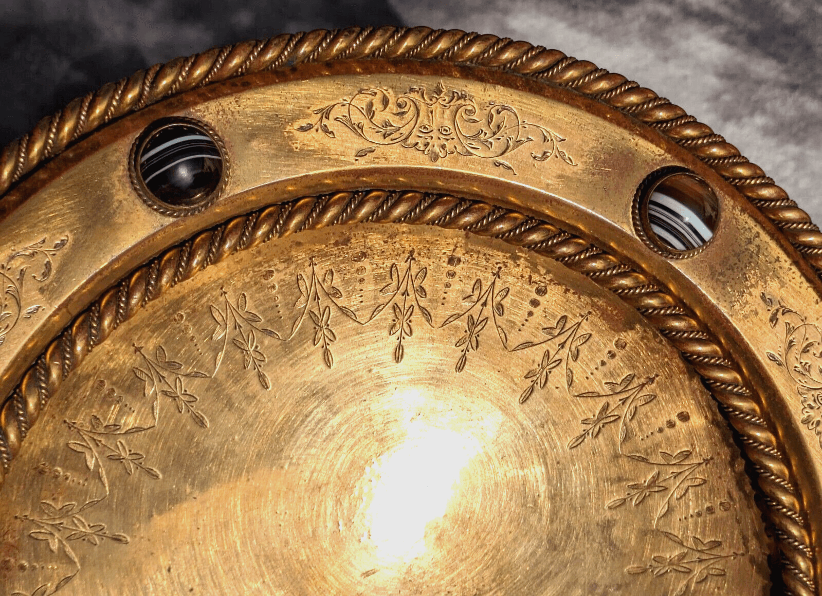 Antique 19th Century Scottish Arts Crafts Agate Cabochon Gilt Bronze Tazza Bowl - Tommy's Treasure
