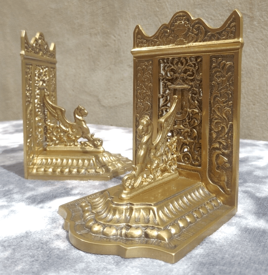 Antique 1920s French Pierced Brass Mythological Gothic Winged Griffin Bookends - Tommy's Treasure