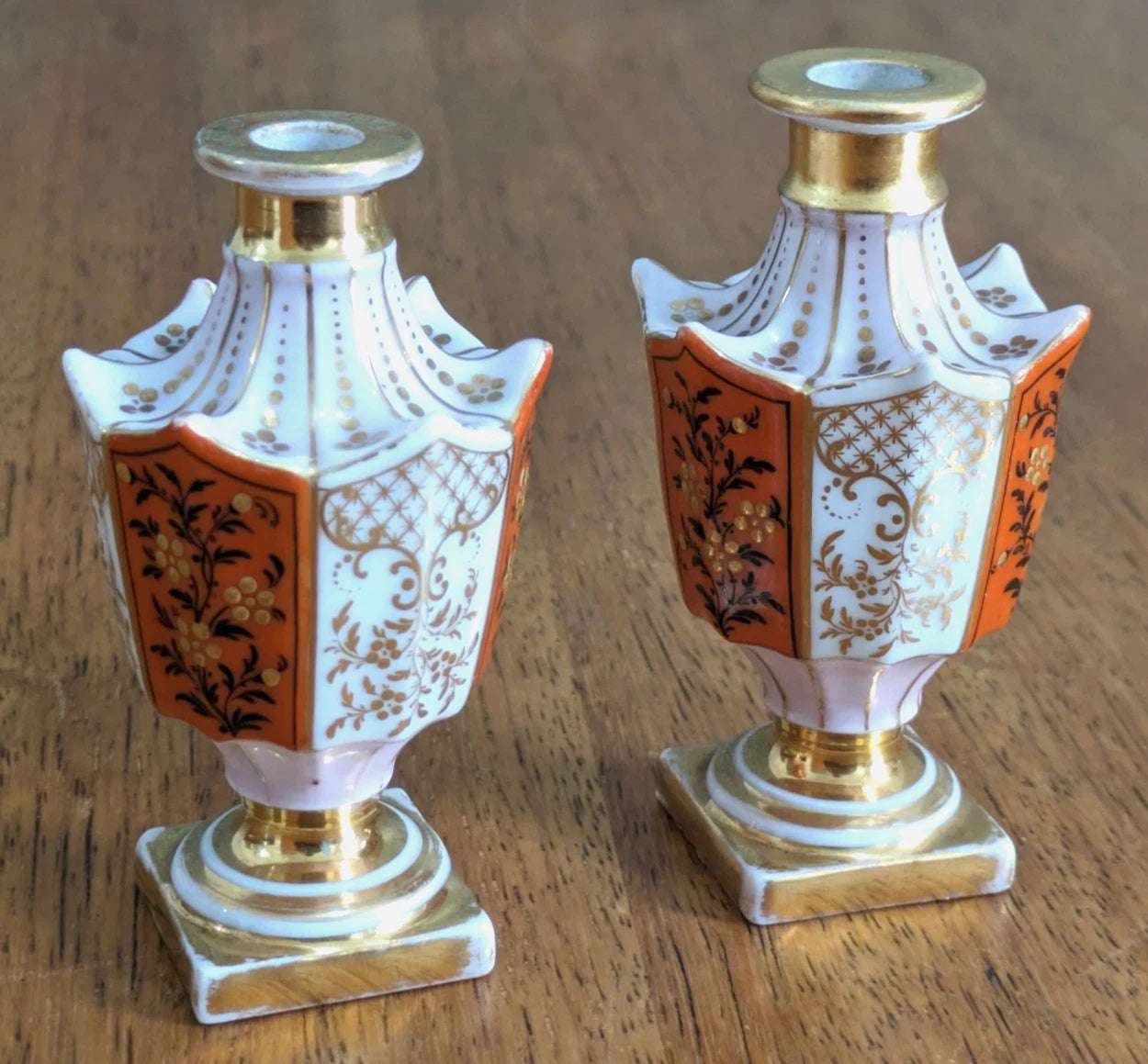 Small Pair French 19th Century Porcelain Bud Vases Scent Perfume Bottles Antique