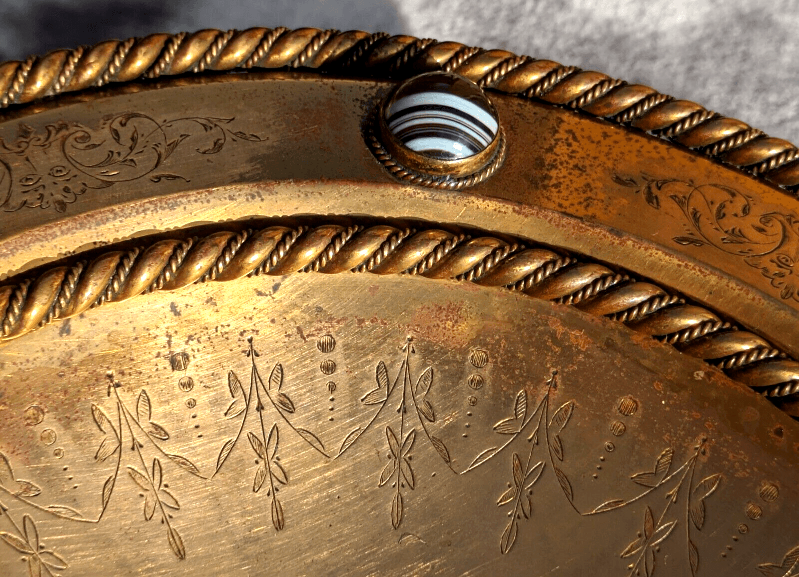 Antique 19th Century Scottish Arts Crafts Agate Cabochon Gilt Bronze Tazza Bowl - Tommy's Treasure