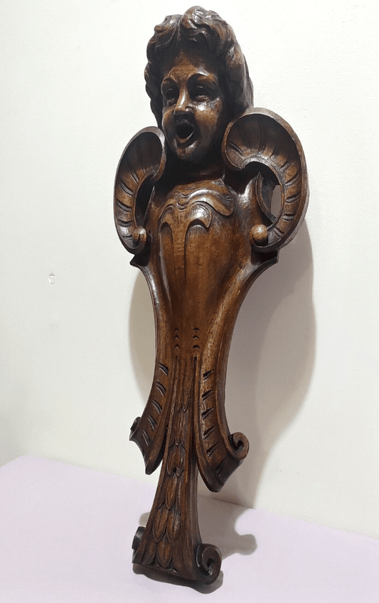19th Century Baroque Wood Carving Cherub Putti Angel Wall Bracket Plaque - Tommy's Treasure
