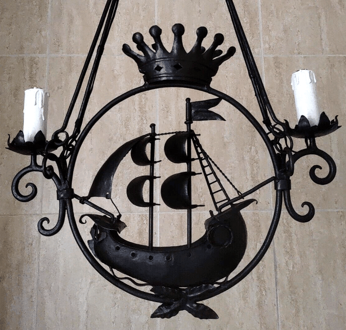 Italian 19th Century Antique Wrought Iron Nautical Sailing Ship Light Chandelier - Tommy's Treasure
