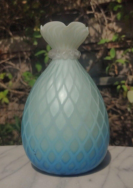 English Victorian Cased Blue Mother of Pearl Diamond Quilted Satin Glass Vase - Tommy's Treasure