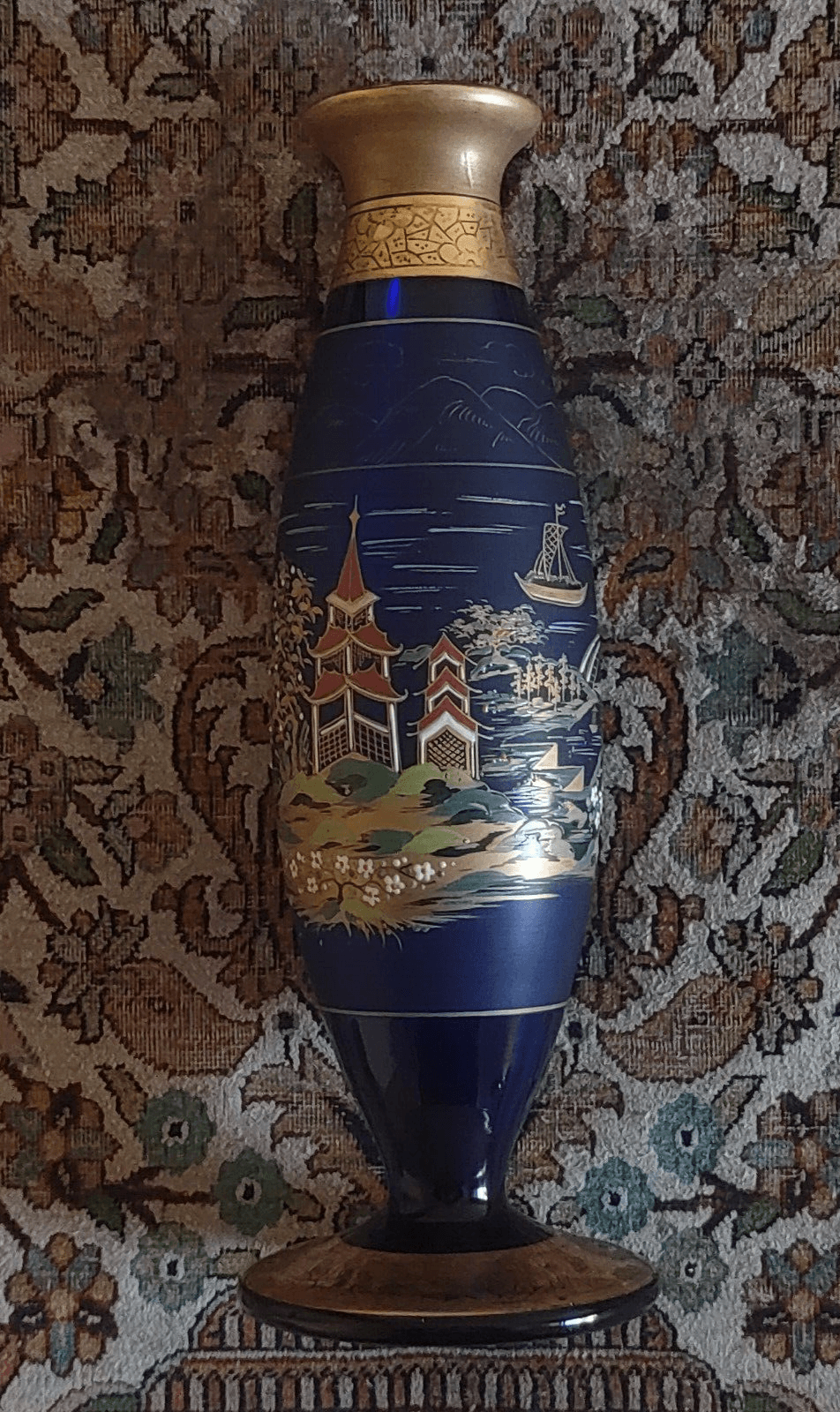 Bohemian Czech Enamelled Japanese Pagoda Gilt Cobalt Blue Glass Vase 32cm - Tommy's Treasure
