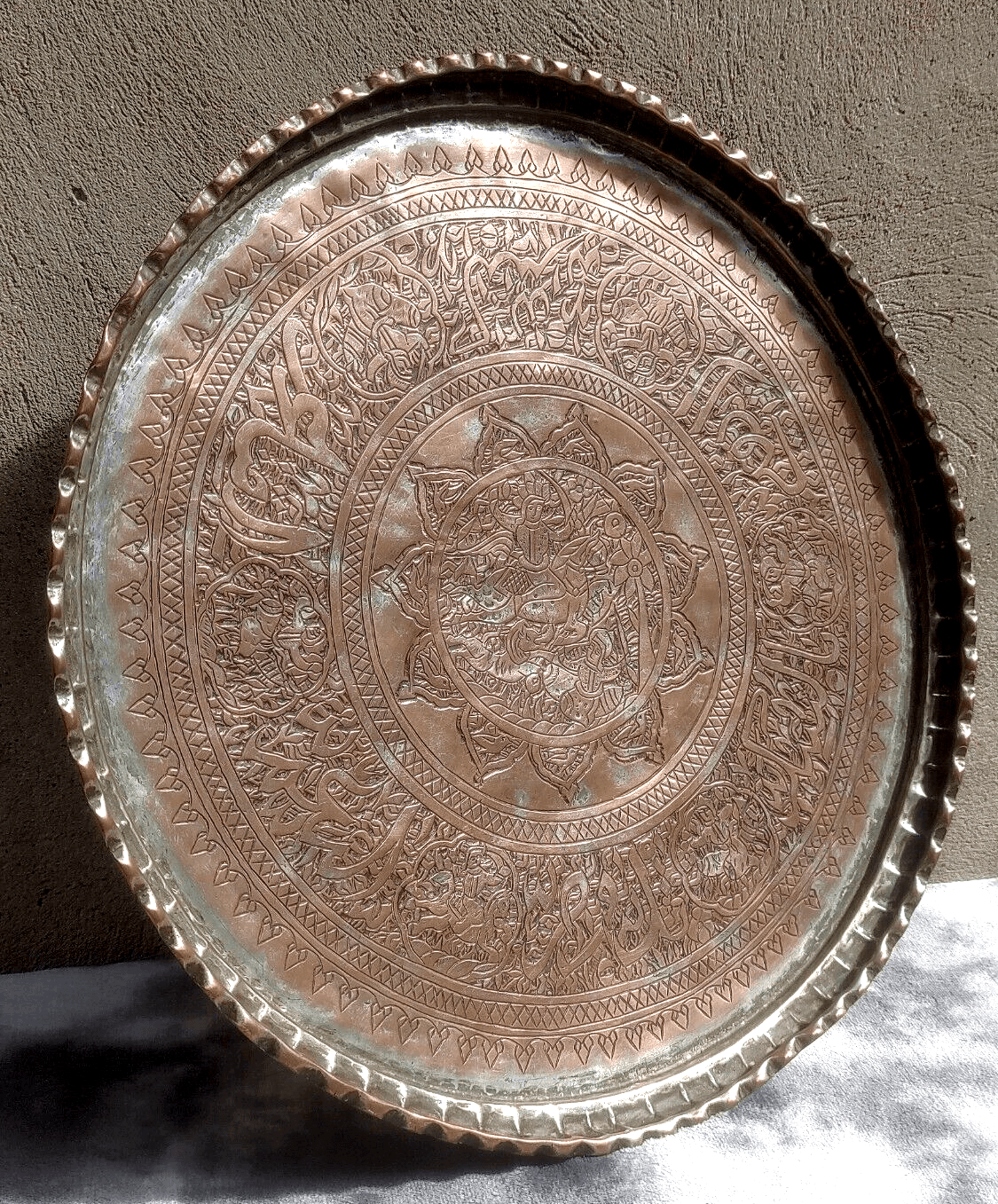 Antique Middle Eastern Engraved Tinned Copper Hanging Wall Charger Tray 47 cm - Tommy's Treasure