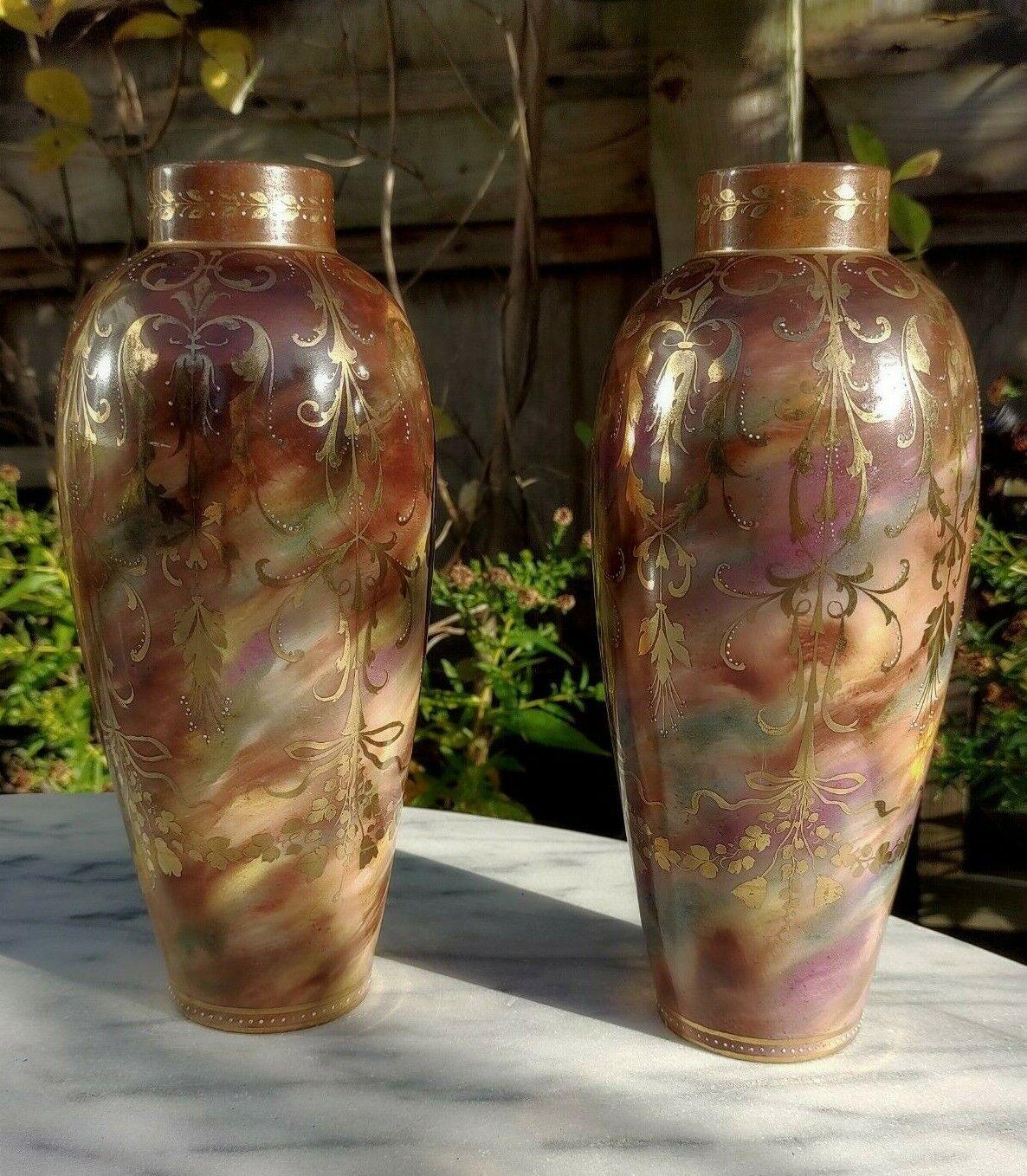 Antique Pair of Marble Glaze & Hand painted Gold Gilt Décor Ceramic Ovoid Vases - Tommy's Treasure