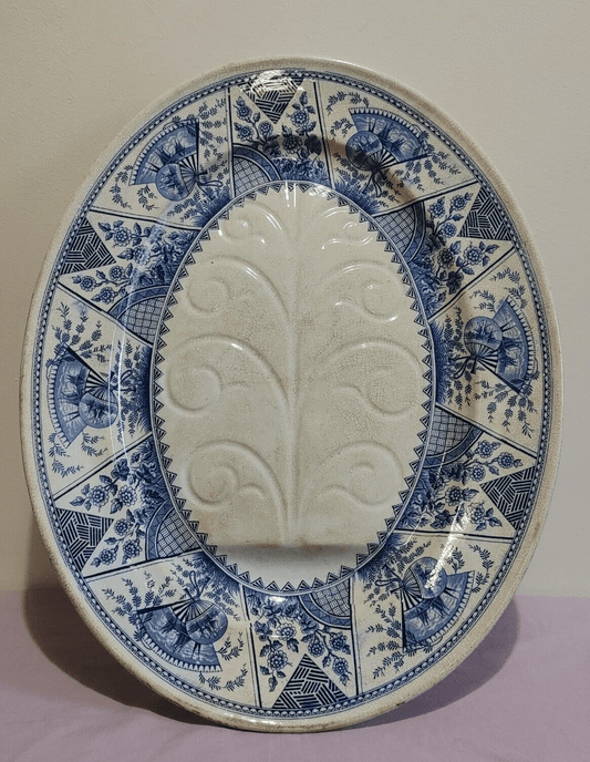 Antique 19th C. Old Hall Pottery Aestheticism Blue White Ceramic Meat Plate 54cm - Tommy's Treasure
