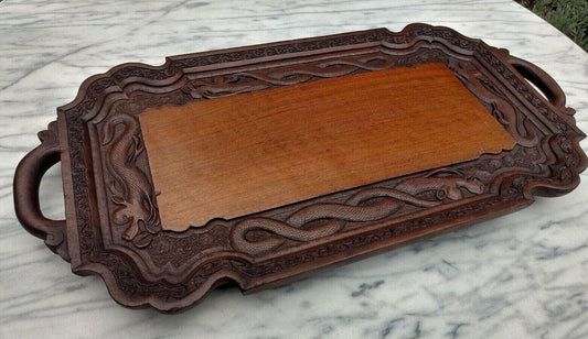 Antique c.1900 Anglo Indian Carved Wooden Dragon & Foliate Serving Tray - 59 cm - Tommy's Treasure