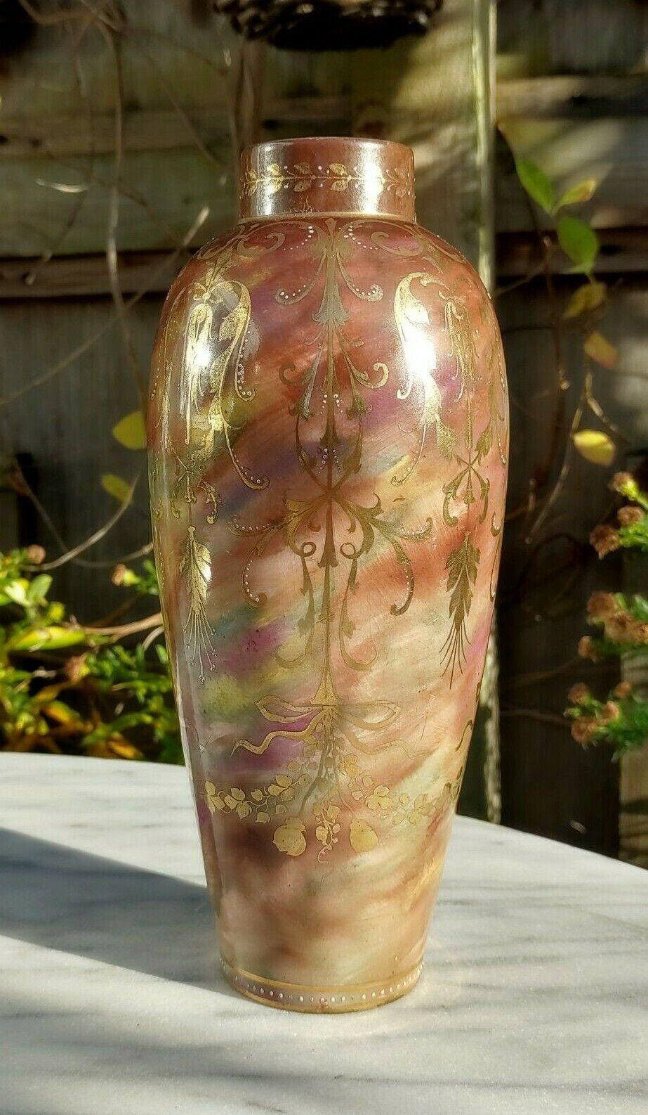 Antique Pair of Marble Glaze & Hand painted Gold Gilt Décor Ceramic Ovoid Vases - Tommy's Treasure