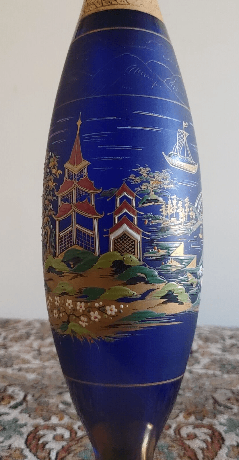 Bohemian Czech Enamelled Japanese Pagoda Gilt Cobalt Blue Glass Vase 32cm - Tommy's Treasure