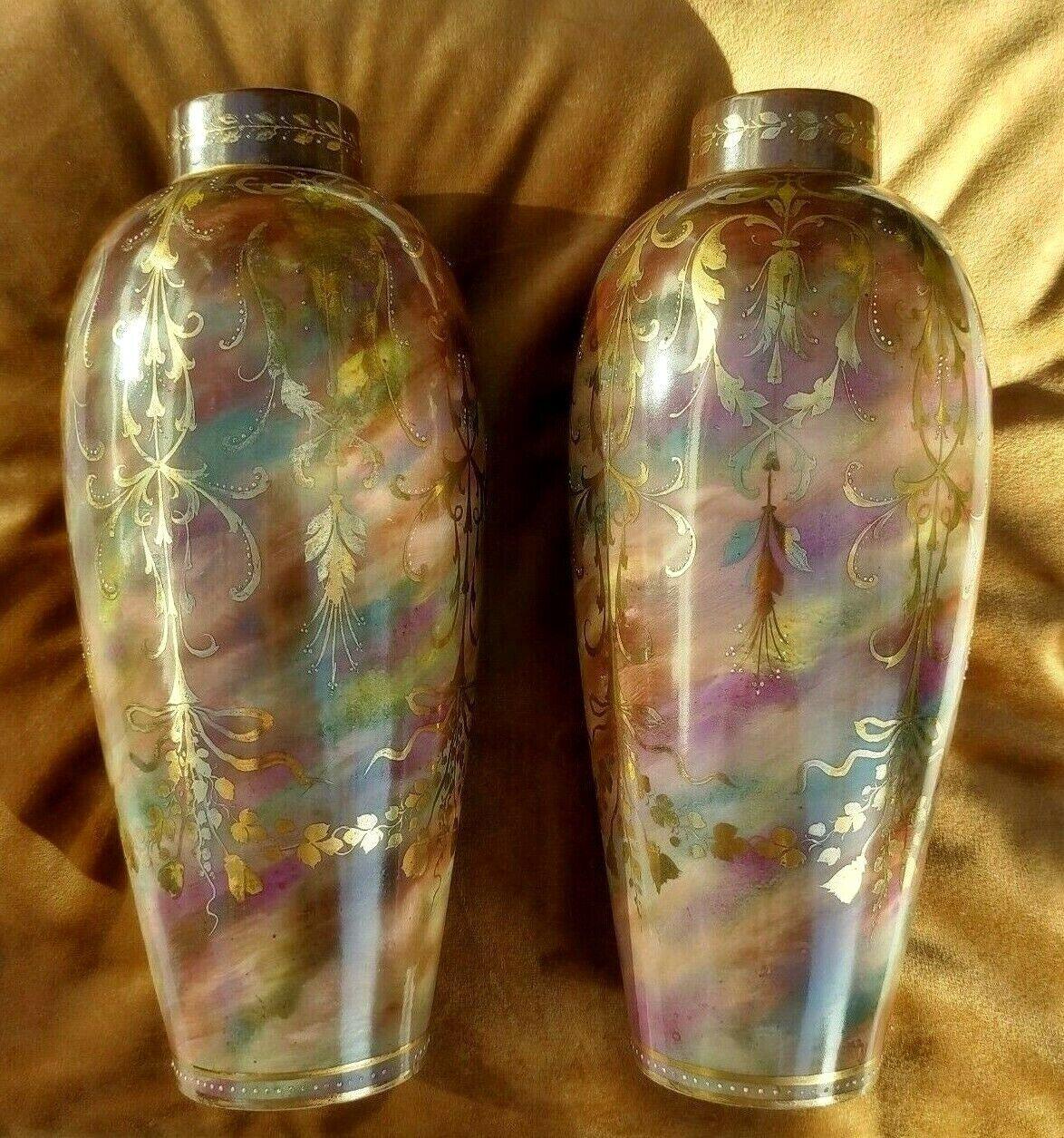 Antique Pair of Marble Glaze & Hand painted Gold Gilt Décor Ceramic Ovoid Vases - Tommy's Treasure