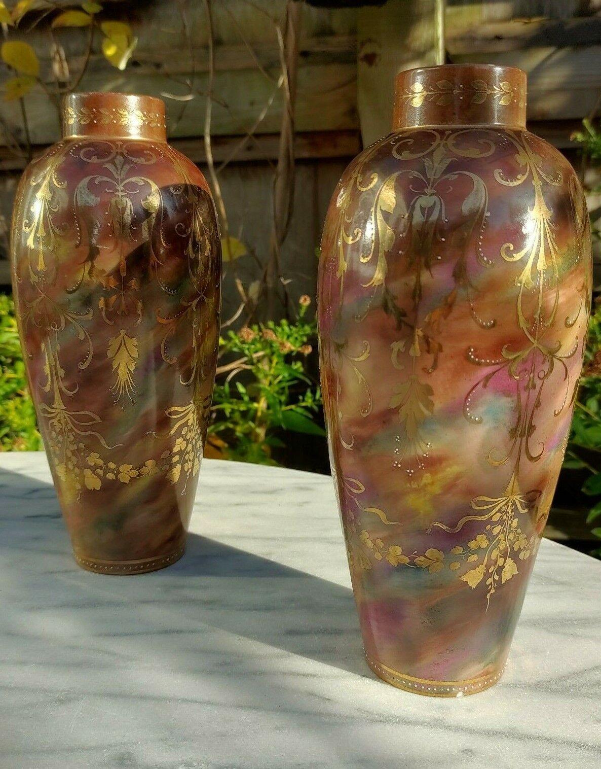 Antique Pair of Marble Glaze & Hand painted Gold Gilt Décor Ceramic Ovoid Vases - Tommy's Treasure