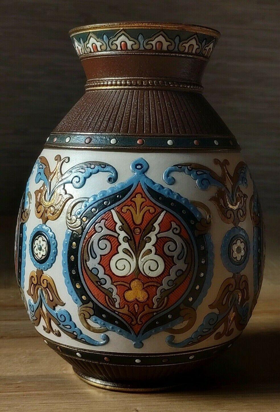 c.1900 Pair of Villeroy & Boch German Mettlach Antique Pottery Enamel Vases #1829 - Tommy's Treasure