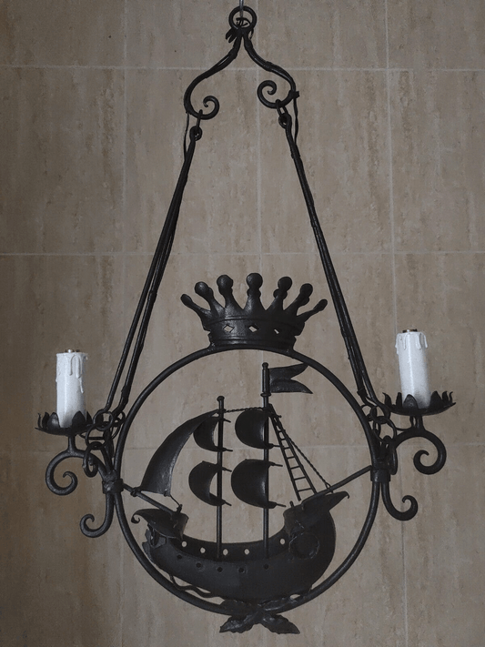 Italian 19th Century Antique Wrought Iron Nautical Sailing Ship Light Chandelier - Tommy's Treasure