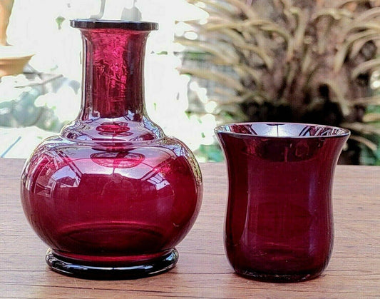 Handblown Ruby Red Glass Tumble up Bedside Night Water Decanter Carafe - Tommy's Treasure