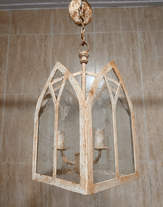 20th Century Gothic Revival Church Window Hanging Ceiling Lantern Light Pendant Glass & Metal - Tommy's Treasure