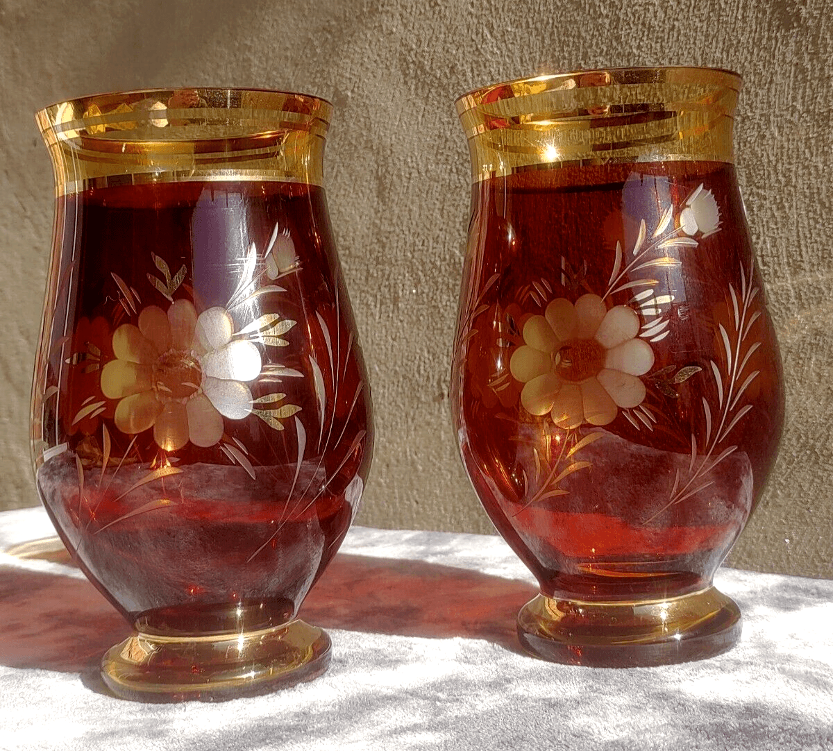 Egermann Bohemian Czech Etched Amber to Clear Glass Crystal & Gilt Vases - Tommy's Treasure