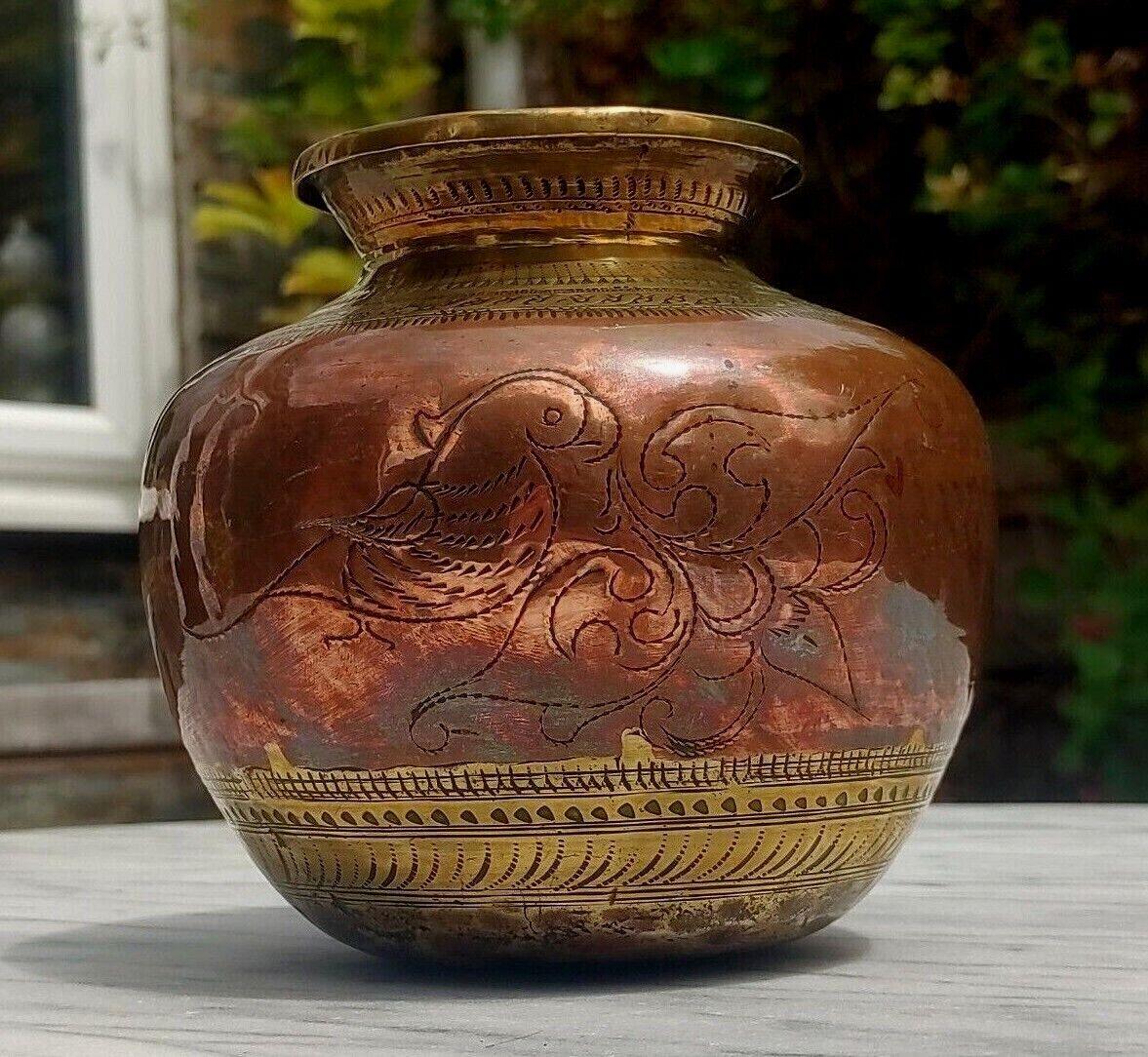Antique Indian Brass & Copper Ganga Jamuna Lota Holy Religious Water Pot Vase - Tommy's Treasure