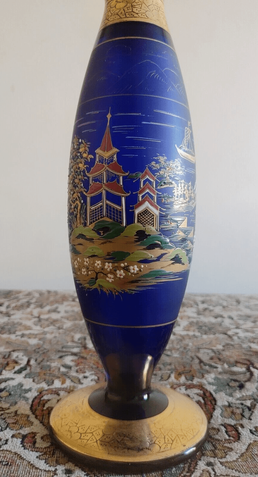 Bohemian Czech Enamelled Japanese Pagoda Gilt Cobalt Blue Glass Vase 32cm - Tommy's Treasure