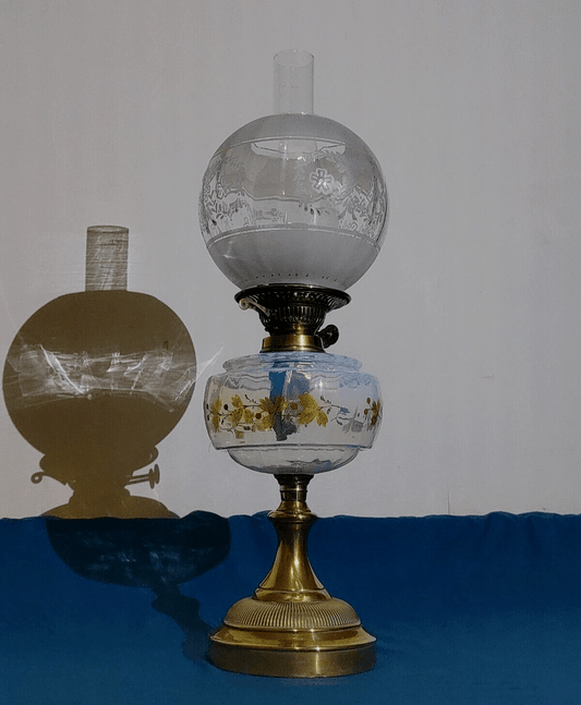 Victorian Oil Lamp Enamelled Opalescent Font Duplex Burner Globe Shade - Tommy's Treasure