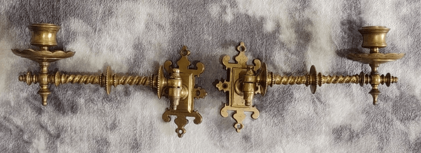 Pair of Antique Gothic Revival Brass Barley Twist Piano Candle Holder Wall Sconces - Tommy's Treasure