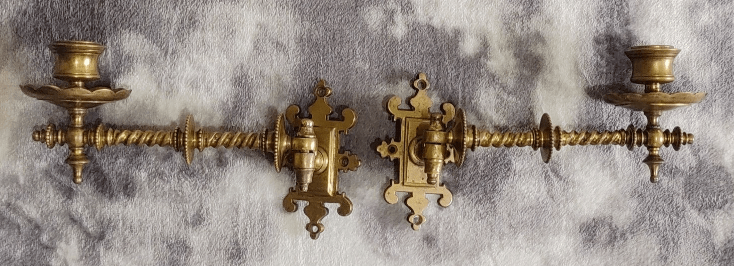 Pair of Antique Gothic Revival Brass Barley Twist Piano Candle Holder Wall Sconces - Tommy's Treasure