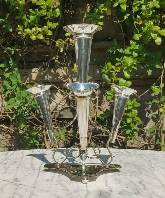 Antique Silver Plate 4 Trumpet Epergne Centerpiece Vase James Deakin Sheffield - Tommy's Treasure
