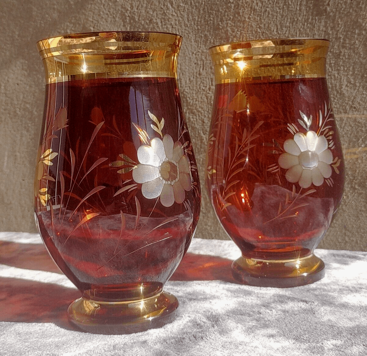 Egermann Bohemian Czech Etched Amber to Clear Glass Crystal & Gilt Vases - Tommy's Treasure