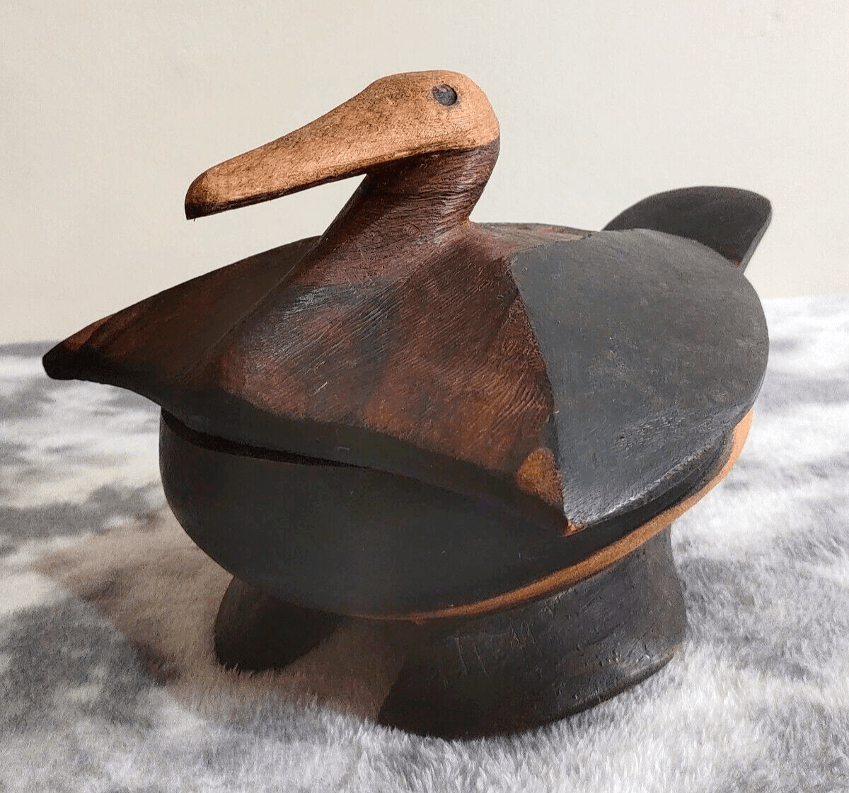 African Tribal Rotse Lozi Zambia Zoomorphic Duck Bowl Container Wood Carving - Tommy's Treasure