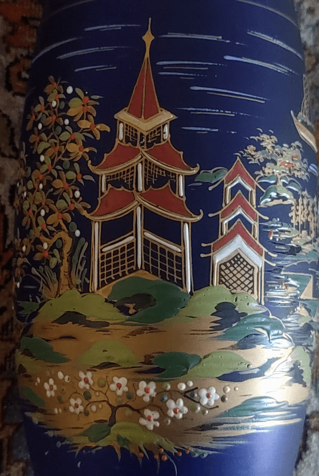 Bohemian Czech Enamelled Japanese Pagoda Gilt Cobalt Blue Glass Vase 32cm - Tommy's Treasure